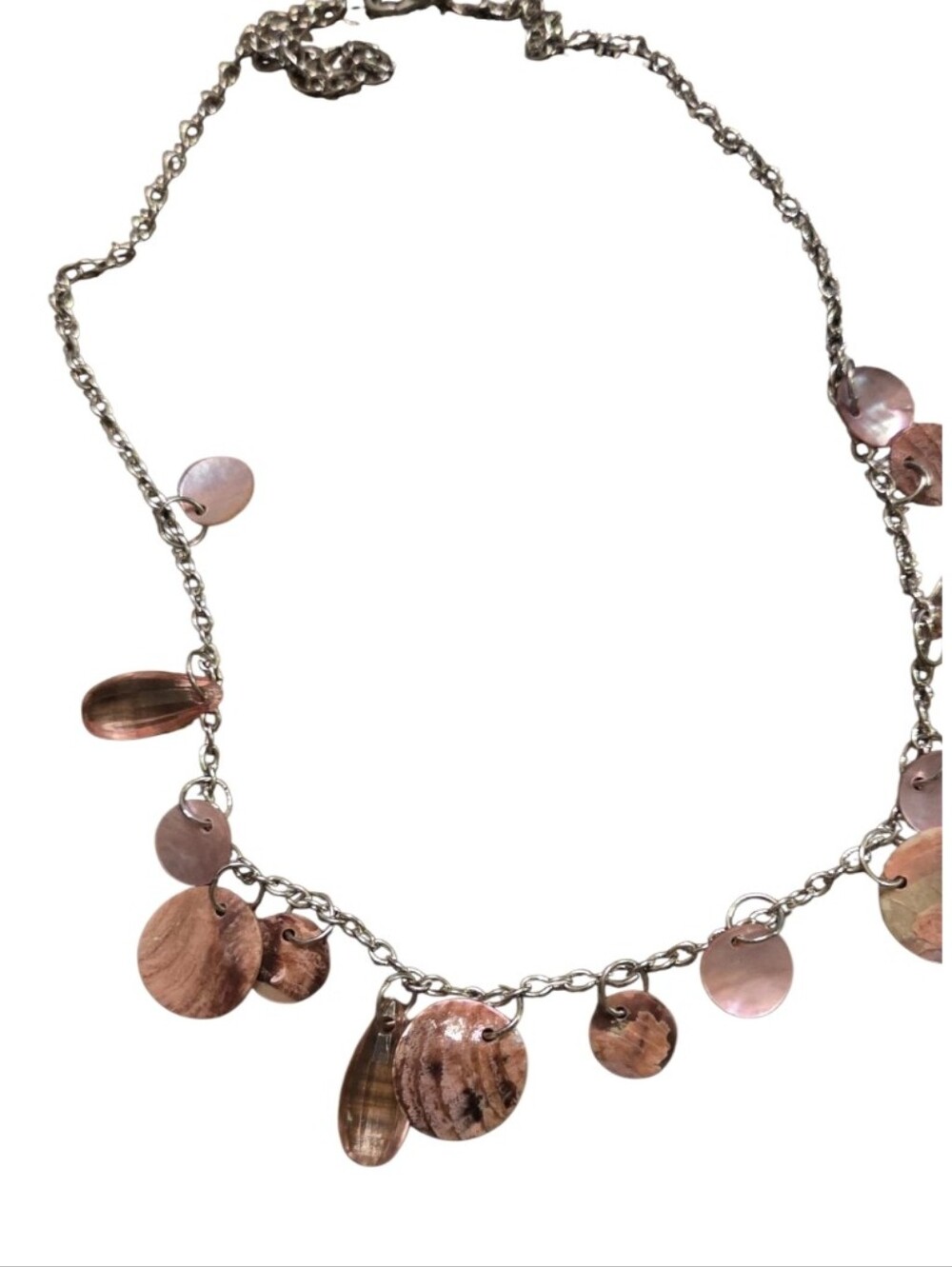Silver Chain Necklace with Pink Shell Disc Charms